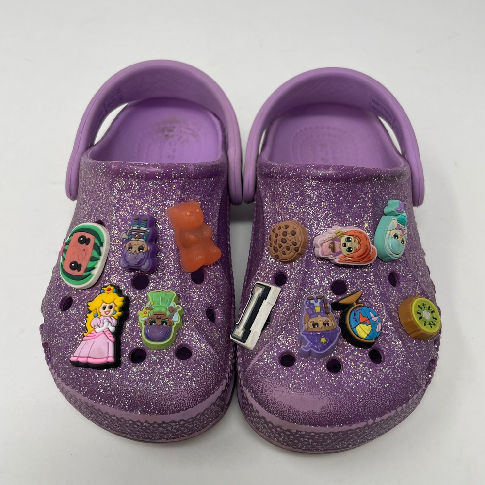Crocs Classic Clog Purple Glitter Sparkle Kids C9 Charms Jibbitz Fairy Mermaid